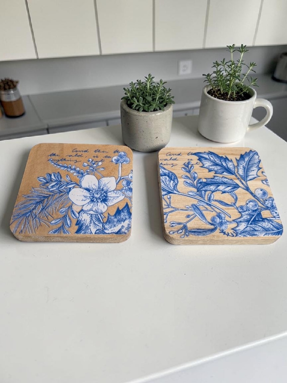 Wood Coasters with Blue Floral Transfer (Set of 2)